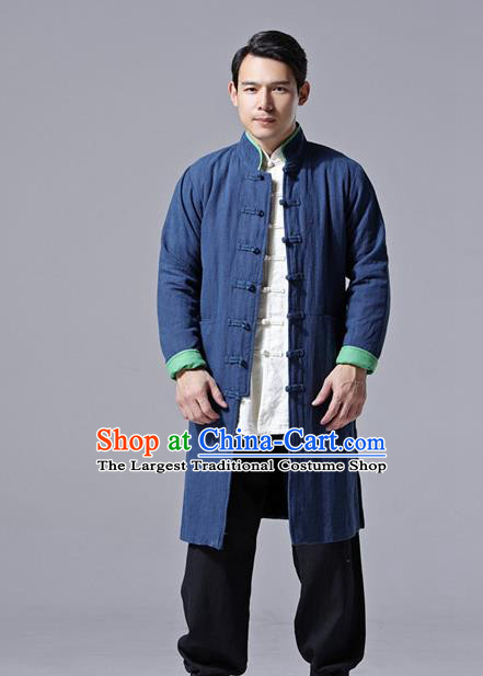 Chinese Traditional Costume Tang Suit Navy Overcoat National Mandarin Dust Coat for Men