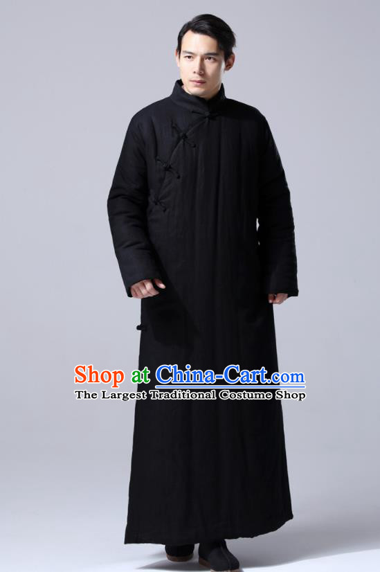 Chinese Traditional Costume Tang Suit Black Cotton Wadded Robe National Mandarin Dust Coat for Men