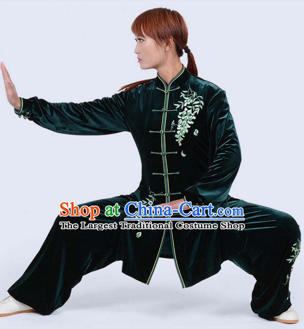 Deep Green Top Winter Wear Velvet Asian Embroidered Tai Chi Clothing Martial Arts Dresses Complete Set for Women