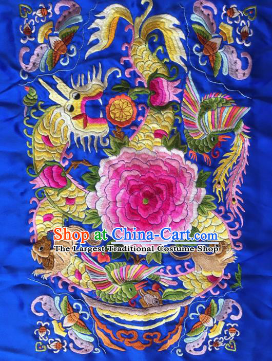 Chinese Traditional Handmade Embroidery Craft Embroidered Dragon Peony Blue Silk Patches