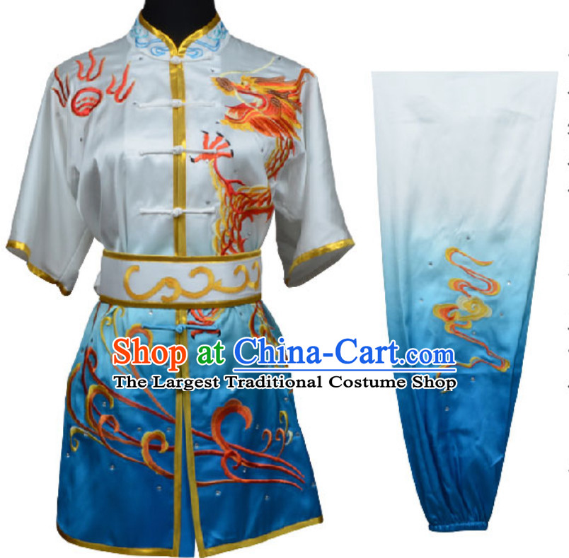 Top Color Transition Chinese Embroidered Phoenix Dragon Gongfu Outfits Martial Arts Suit Complete Set for Men or Women