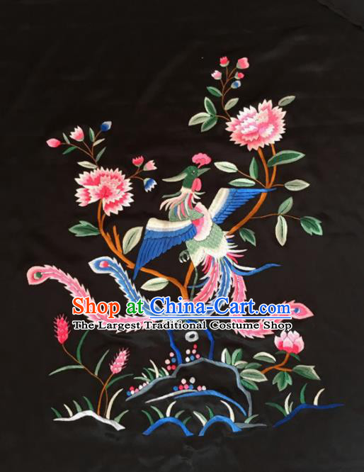 Chinese Traditional Handmade Embroidery Craft Embroidered Phoenix Peony Cloth Patches Embroidering Silk Piece