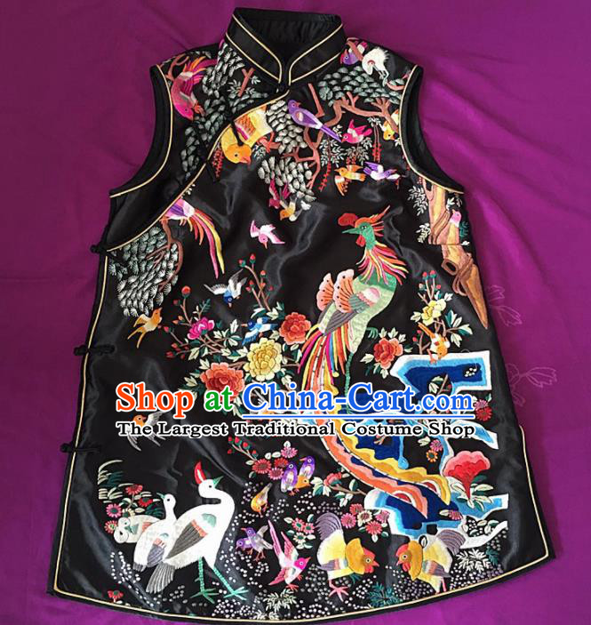 Chinese Traditional Costume Tang Suit Embroidered Phoenix Black Vest Silk Waistcoat for Women