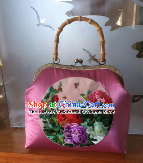 Chinese Traditional Embroidered Peony Pink Handbag Handmade Embroidery Craft Silk Bags