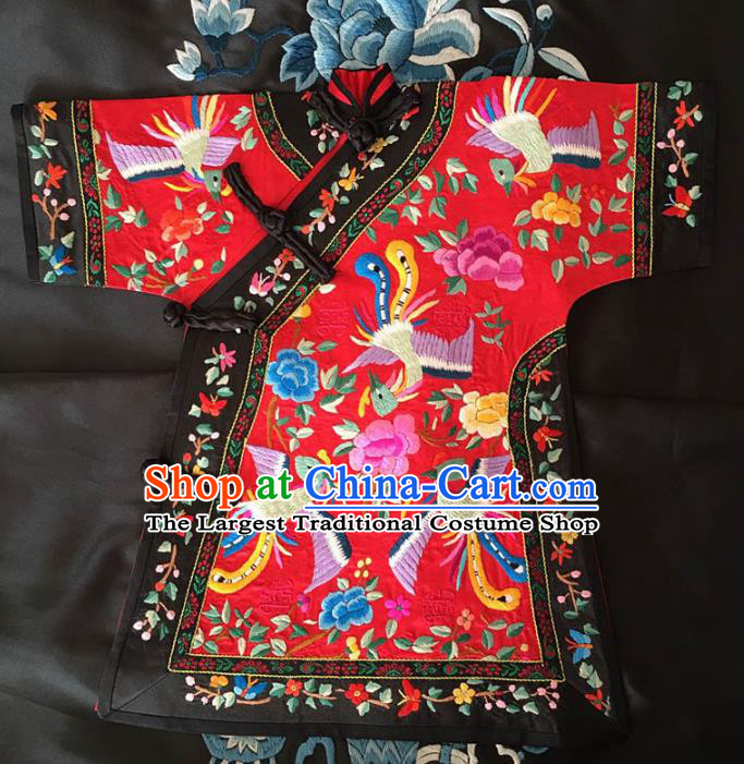 Chinese Traditional Silk Costume Tang Suit Embroidered Phoenix Peony Red Silk Blouse for Kids