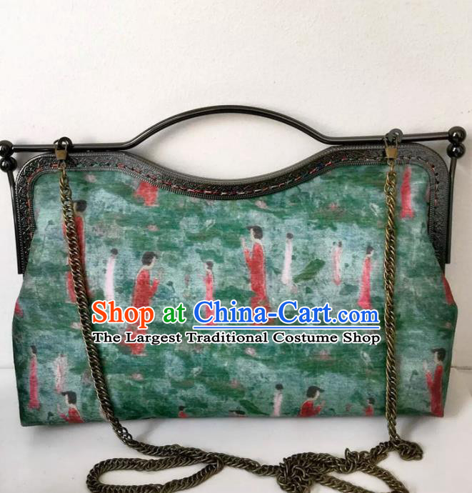 Chinese Traditional Green Handbag Handmade Embroidery Craft Silk Bags