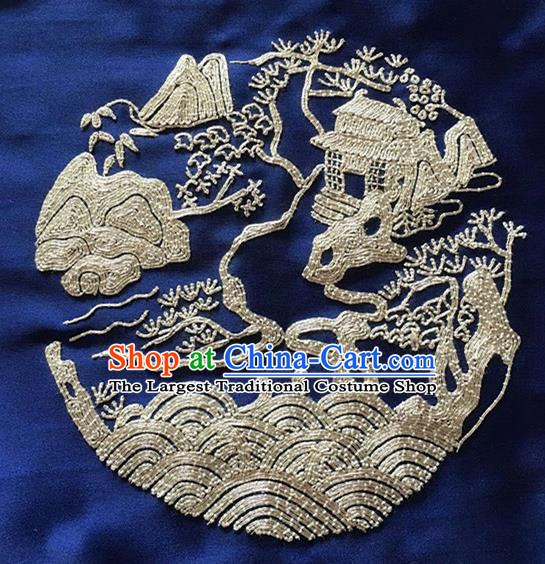 Chinese Traditional Embroidered Navy Cloth Patches Handmade Embroidery Craft Silk Fabric