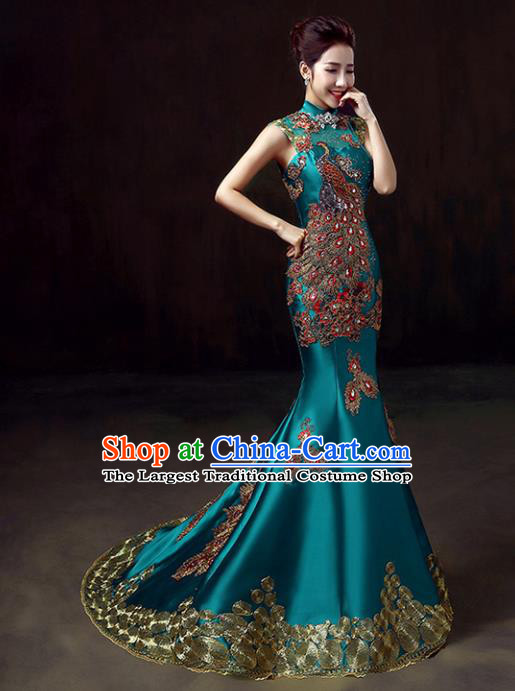 Chinese Traditional Costumes Elegant Embroidered Peacock Cheongsam Full Dress for Women