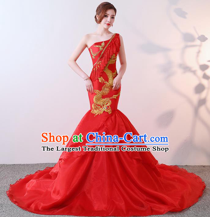 Chinese Traditional Costumes Elegant Red Full Dress Qipao Dress for Women