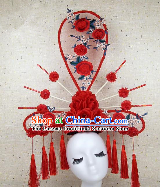 Asian Chinese Traditional Palace Hair Accessories Catwalks Red Peony Exaggerated Headdress for Women