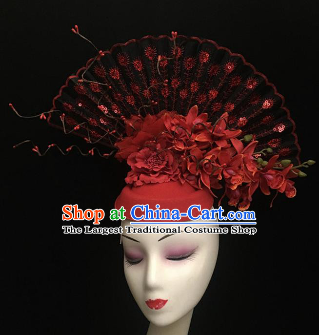 Top Halloween Hair Accessories Chinese Traditional Catwalks Red Flowers Top Hat Headdress for Women