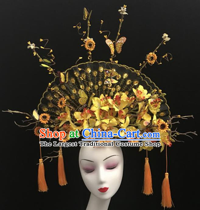 Top Halloween Hair Accessories Chinese Traditional Catwalks Yellow Flowers Fan Headdress for Women