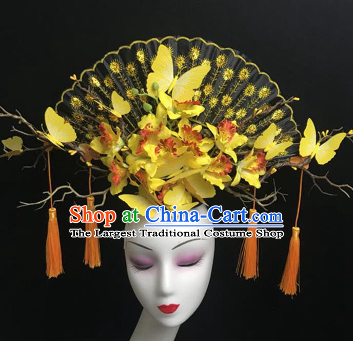 Top Halloween Hair Accessories Chinese Traditional Catwalks Yellow Butterfly Fan Headdress for Women