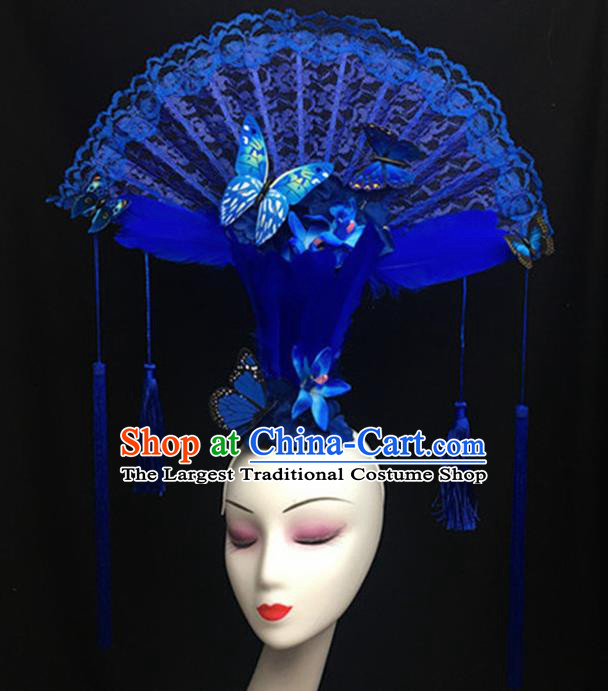 Top Halloween Giant Hair Accessories Chinese Traditional Catwalks Blue Lace Headpiece for Women