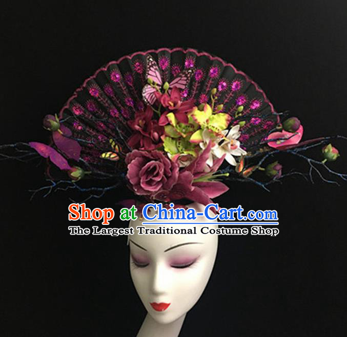 Top Halloween Giant Hair Accessories Chinese Traditional Catwalks Purple Butterfly Headpiece for Women