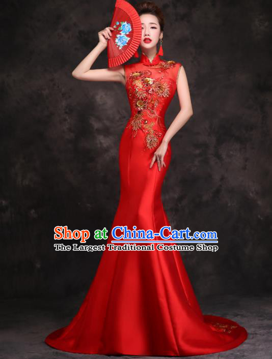 Chinese Traditional Costumes Elegant Wedding Mermaid Full Dress Red Qipao Dress for Women