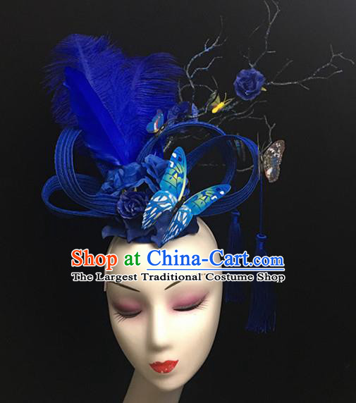 Top Halloween Catwalks Hair Accessories Stage Show Blue Feather Butterfly Headdress for Women