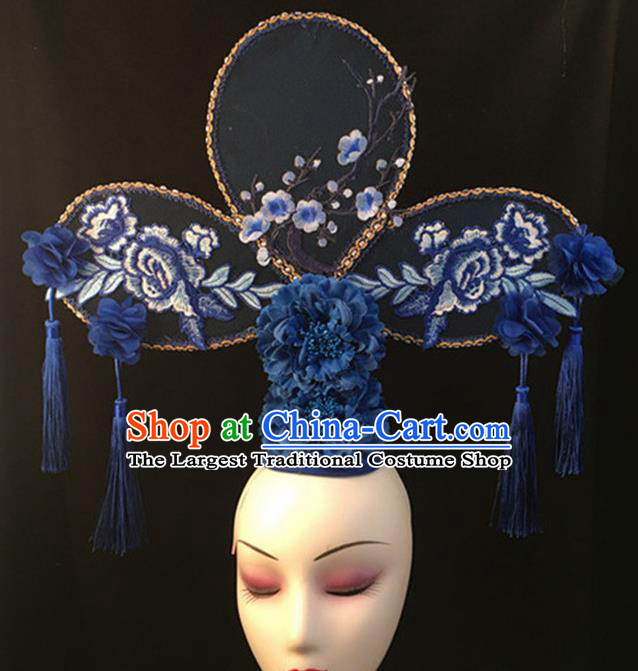 Top Halloween Stage Show Blue Peony Giant Hair Accessories Chinese Traditional Catwalks Headpiece for Women