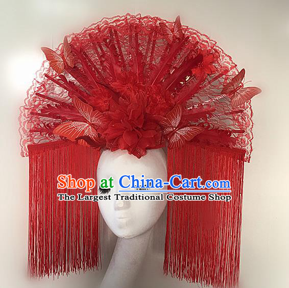 Top Halloween Red Feather Tassel Giant Hair Accessories Stage Show Chinese Traditional Palace Catwalks Headpiece for Women