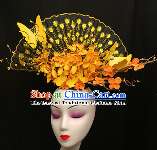 Top Halloween Stage Show Giant Hair Accessories Chinese Traditional Catwalks Yellow Flowers Headpiece for Women