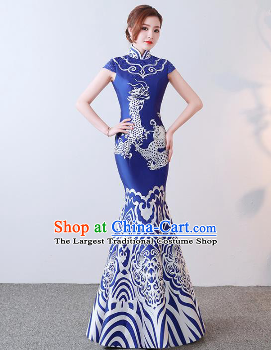 Chinese Traditional Qipao Dress Elegant Compere Blue Full Dress for Women