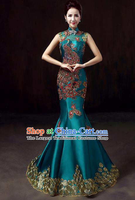 Chinese Traditional Green Cheongsam Mermaid Qipao Dress Elegant Compere Full Dress for Women