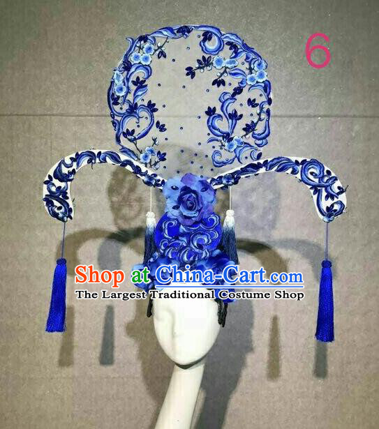 Asian Chinese Traditional Hair Accessories Catwalks Embroidered Blue Peony Headdress for Women