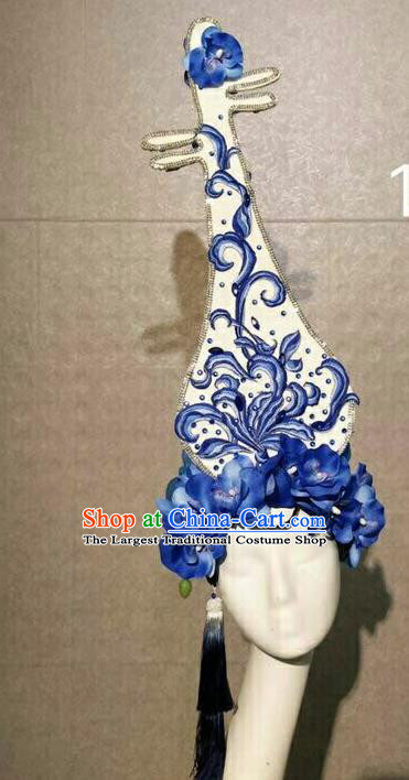 Asian Chinese Traditional Hair Accessories Catwalks Blue Flowers Lute Headdress for Women