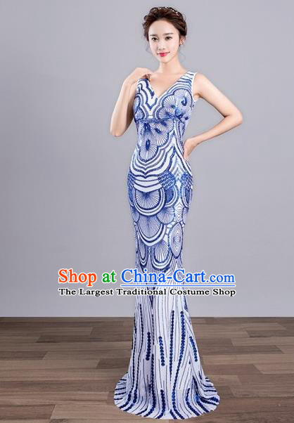 Top Grade Stage Performance Costumes Modern Dance Elegant Blue Full Dress for Women