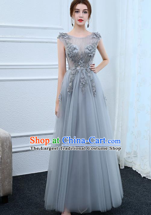 Top Grade Stage Performance Compere Formal Dress Chorus Elegant Grey Veil Full Dress for Women