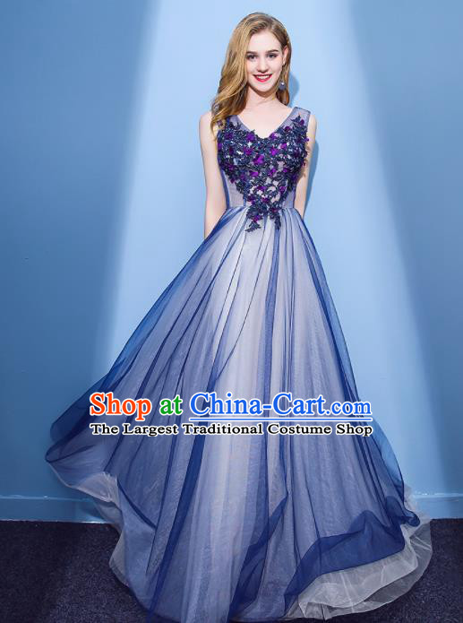 Top Grade Stage Performance Compere Formal Dress Chorus Elegant Blue Veil Full Dress for Women