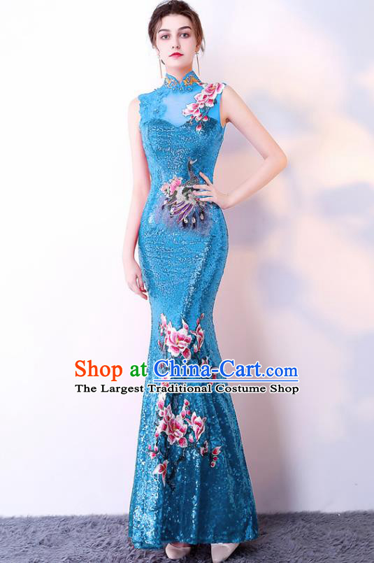 Chinese Traditional Blue Cheongsam Elegant Embroidered Qipao Dress Compere Full Dress for Women