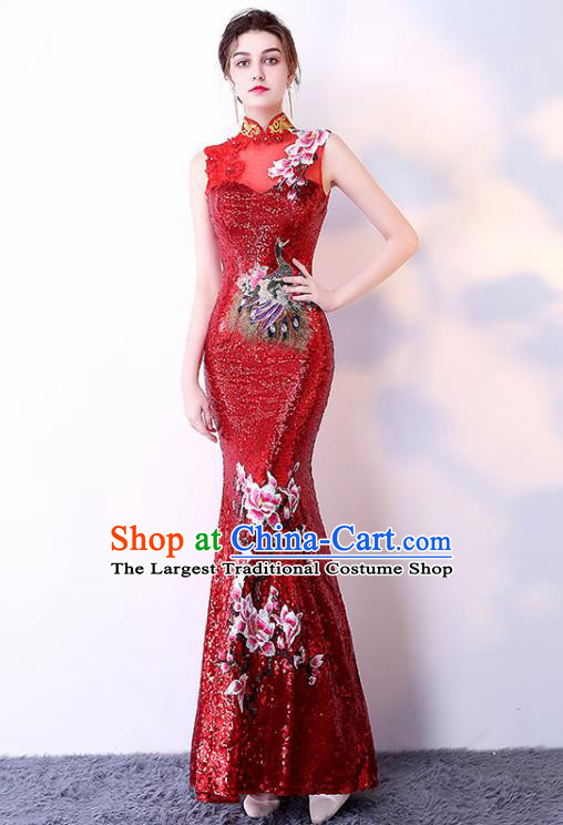 Chinese Traditional Red Cheongsam Elegant Embroidered Qipao Dress Compere Full Dress for Women