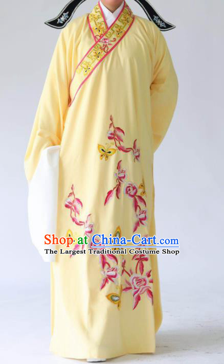 Chinese Traditional Beijing Opera Embroidered Peony Butterfly Yellow Robe Ancient Scholar Costume for Men