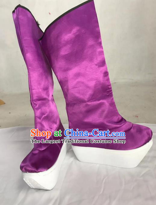 Traditional China Beijing Opera Officer Purple Boots Ancient Chinese Peking Opera Takefu Shoes