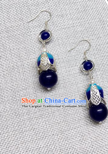 Chinese Traditional Hanfu Royalblue Bead Magnolia Earrings Ancient Princess Ear Accessories for Women