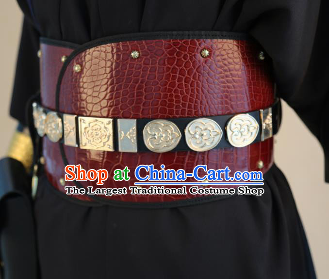 Chinese Traditional Hanfu Belts Ancient Ming Dynasty Swordsman Red Leather Waistband for Men