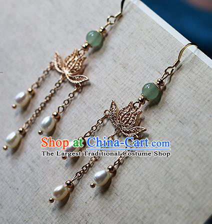 Chinese Traditional Hanfu Golden Lotus Pearls Ear Accessories Ancient Qing Dynasty Princess Earrings for Women