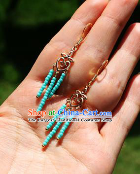 Chinese Traditional Hanfu Blue Beads Tassel Ear Accessories Ancient Qing Dynasty Princess Earrings for Women