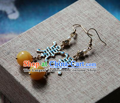 Chinese Traditional Hanfu Cloisonne Yellow Jade Ear Accessories Ancient Qing Dynasty Princess Earrings for Women