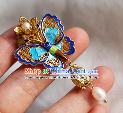 Chinese Qing Dynasty Cloisonne Butterfly Pearl Brooch Pendant Traditional Hanfu Ancient Imperial Consort Accessories for Women