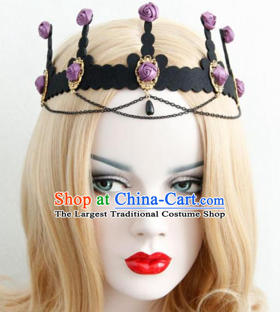 Halloween Handmade Cosplay Queen Purple Silk Roses Royal Crown Fancy Ball Stage Show Headwear for Women