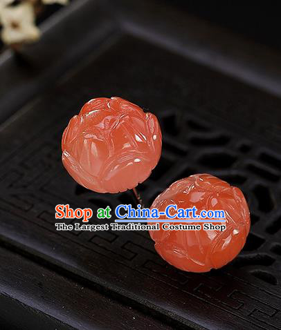 Chinese Traditional Hanfu Court Red Jade Lotus Ear Accessories Ancient Qing Dynasty Princess Earrings for Women