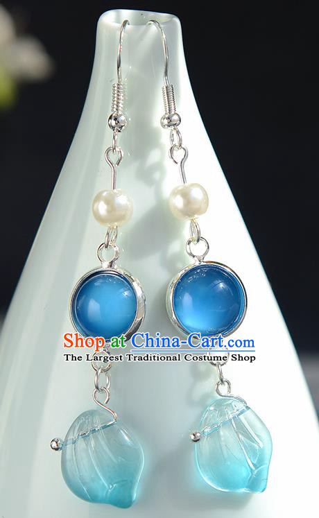 Chinese Traditional Hanfu Court Blue Ear Accessories Ancient Ming Dynasty Princess Earrings for Women