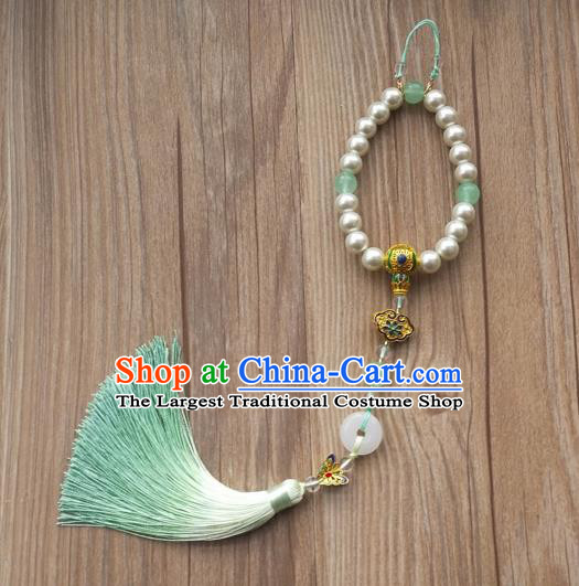 Chinese Traditional Hanfu Green Tassel Pearls Brooch Pendant Ancient Cheongsam Breastpin Accessories for Women