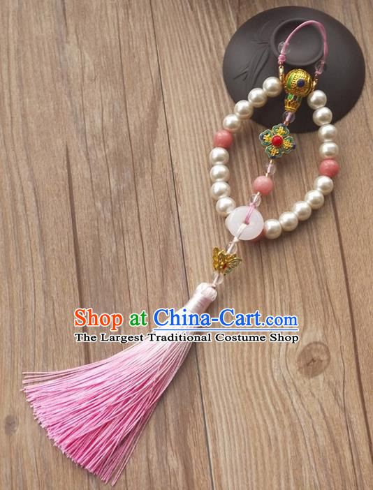 Chinese Traditional Hanfu Pink Tassel Pearls Brooch Pendant Ancient Cheongsam Breastpin Accessories for Women