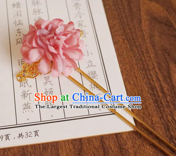 Chinese Ancient Princess Pink Silk Flower Hairpins Traditional Hanfu Court Hair Accessories for Women