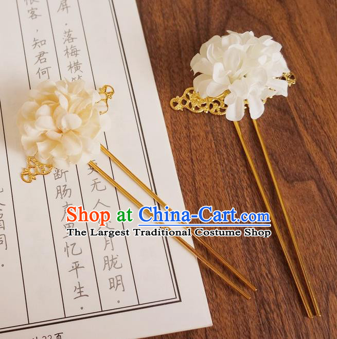 Chinese Ancient Princess White Silk Flower Hairpins Traditional Hanfu Court Hair Accessories for Women