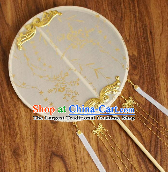 Chinese Traditional Hanfu White Silk Tassel Palace Fans Ancient Princess Round Fan for Women