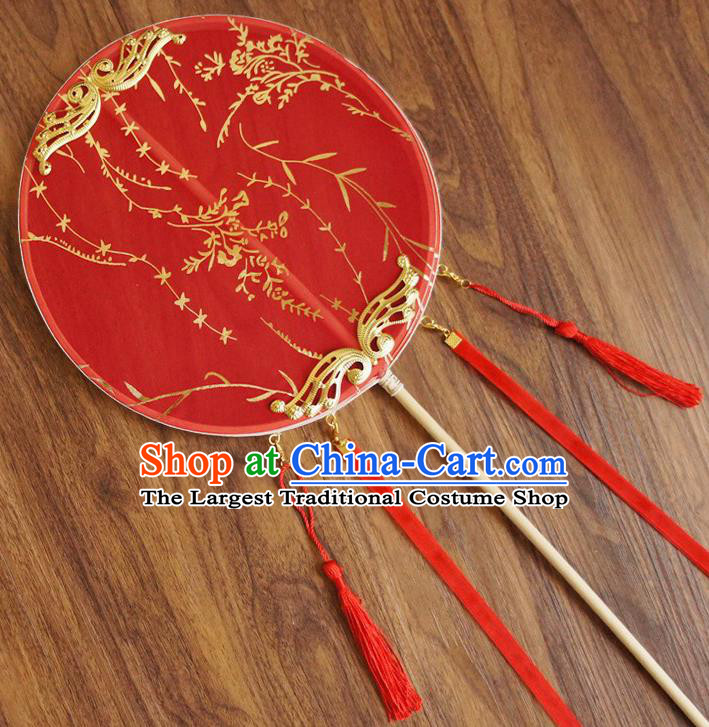 Chinese Traditional Hanfu Wedding Red Palace Fans Ancient Princess Silk Round Fan for Women